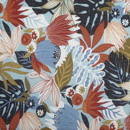 Kt KILOtela - Tela Loneta Estampada, Decoración, Tapizar, Cojines, Cortinas, Colchas, Manteles, Bolsos, Manualidades, 100 cm Largo x 280 cm Ancho, Botánico, Azalea, Hojas, Azul, Marrón, 1 Metro