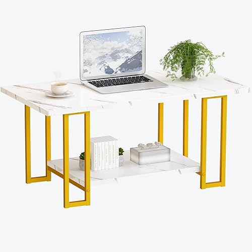 Miniatura 7 de AWQM Mesa de Centro de Mármol, Mesa de Centro Rectangular con Superficie de Mármol Sintético con Marco de Metal Dorado, Mesa de Sala de 2 Niveles