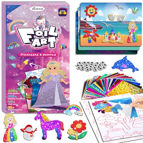 Baobrava Foil Art Fun Kit for Kids, Craft Kits Supplies, No Mess Princess DIY Creative Activity, Travel Toys, Party Favors, Easter Gifts for Girls Ages 4, 5, 6, 7, 8, 9