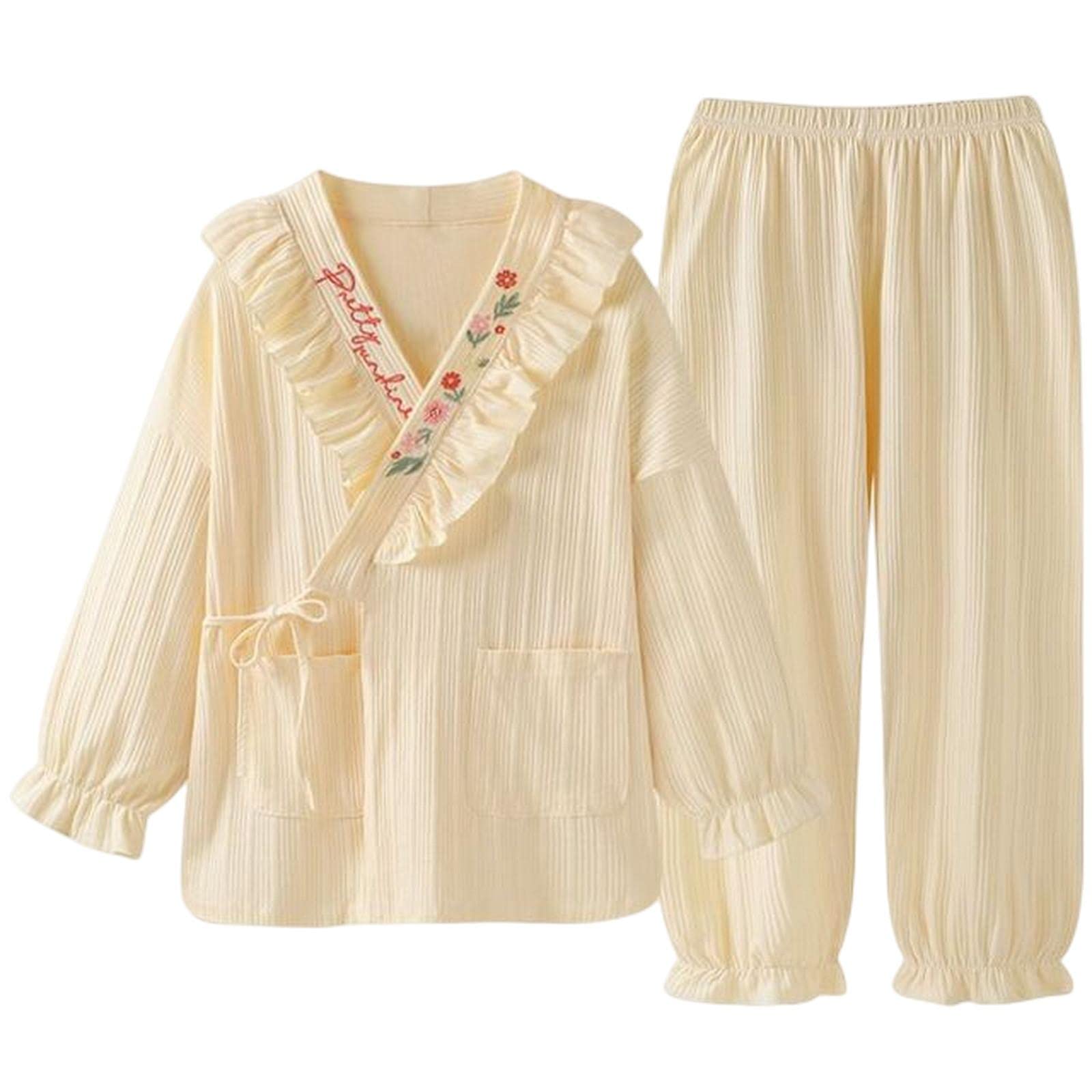 MOGSA Pijama para mujer, primavera, otoño, conjunto de pijama de algodón crepé para mujer, liso, manga larga, pantalón para el hogar, ropa de dormir con estampado foral
