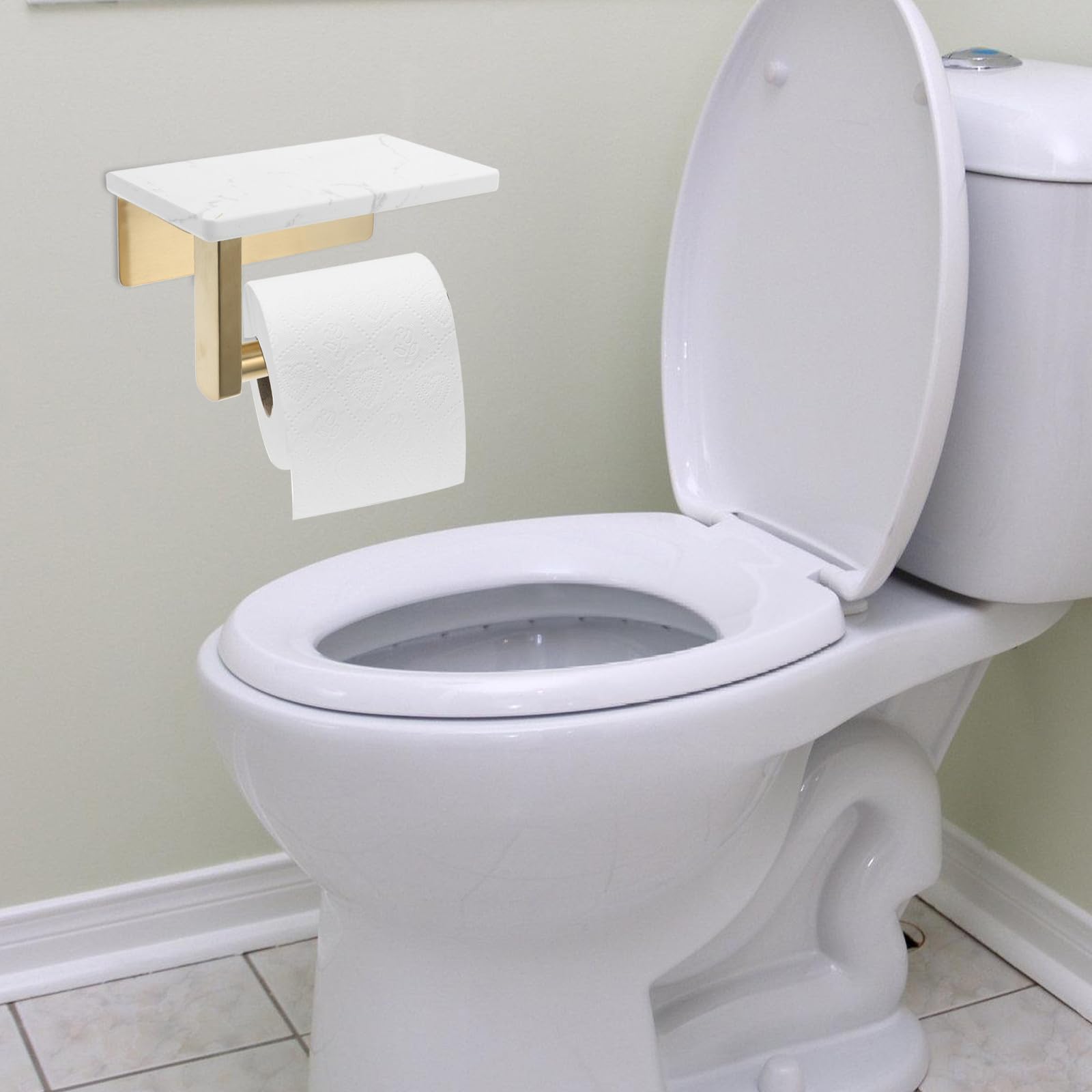 Portarotolo per Bagno da Parete in Acciaio Inox Ripiano Marmo | Distanza Fori 8, 3cm, Finitura Oro, per Bagno, Struttura Moderna ed Elegante