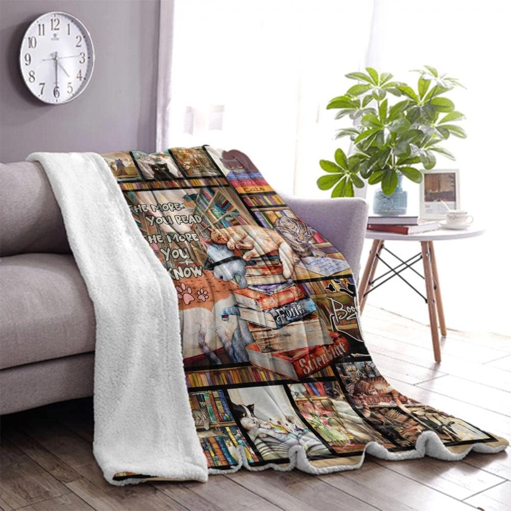 Book Lovers Throw Blanket, Cat Lovers Blanket, Soft Cat & Books Blanket for Sofa, Couch, Beds Decoration, Christmas 50x60