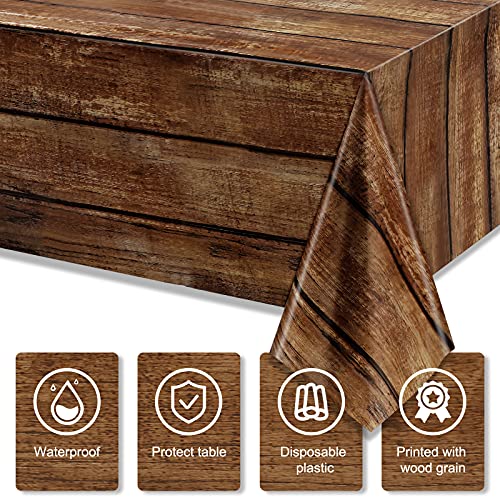 Image of Irenare 1 Pcs Brown Wood Grain Tablecloths Rustic Plastic Table Covers for Rectangle Table, Vintage Farmhouse Tablecloth Decorations for Western Barn Birthday Wedding (54 x 108 Inches)