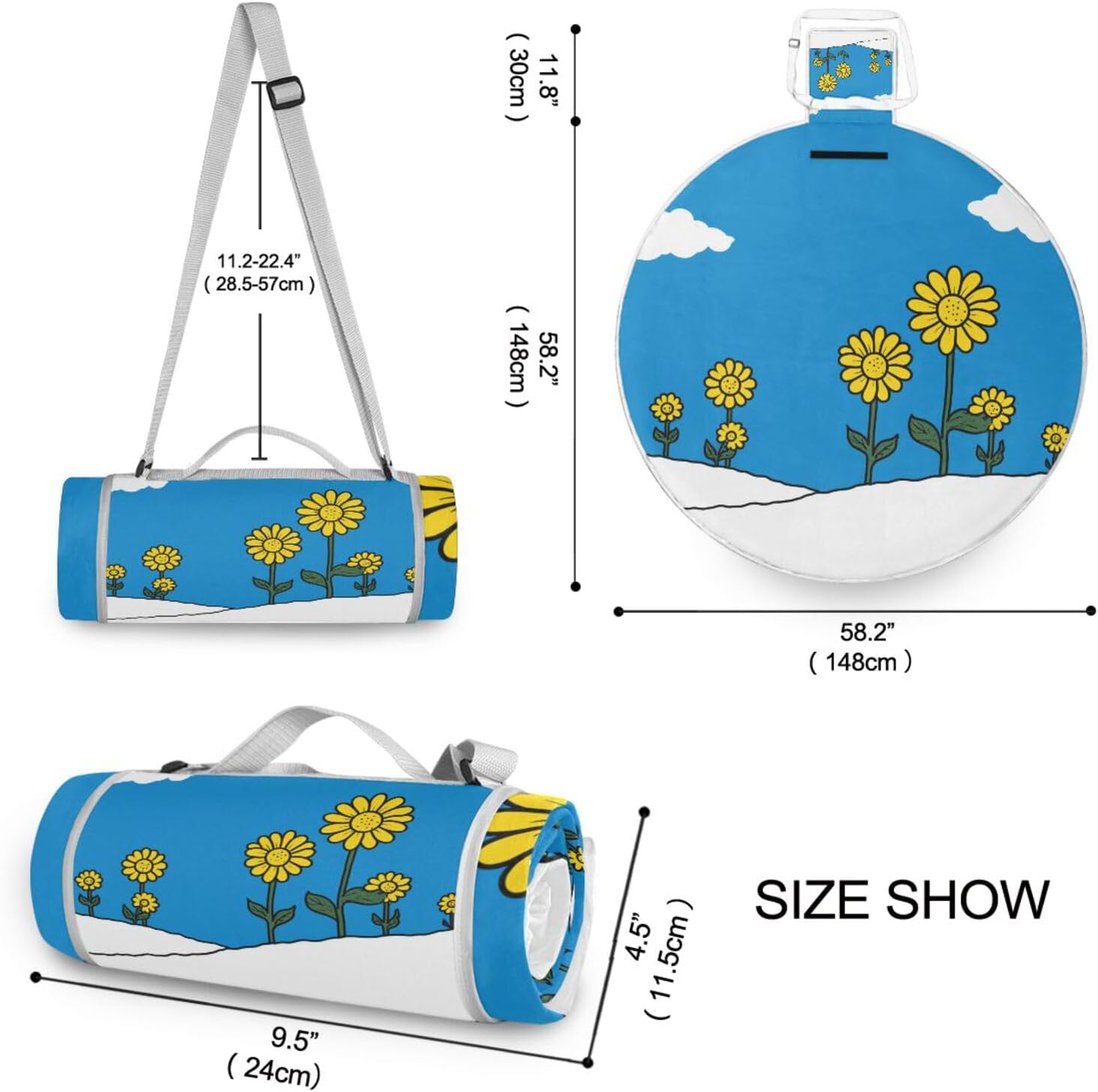 Round Picnic Blanket - Fits 2 Adults, Summer Accessories Cute Foldable Picnic Blanket Dual Layer, Sand-Free, Soft Throw Rug 58 in (Lazy Snow Hawkeye Sunflower)