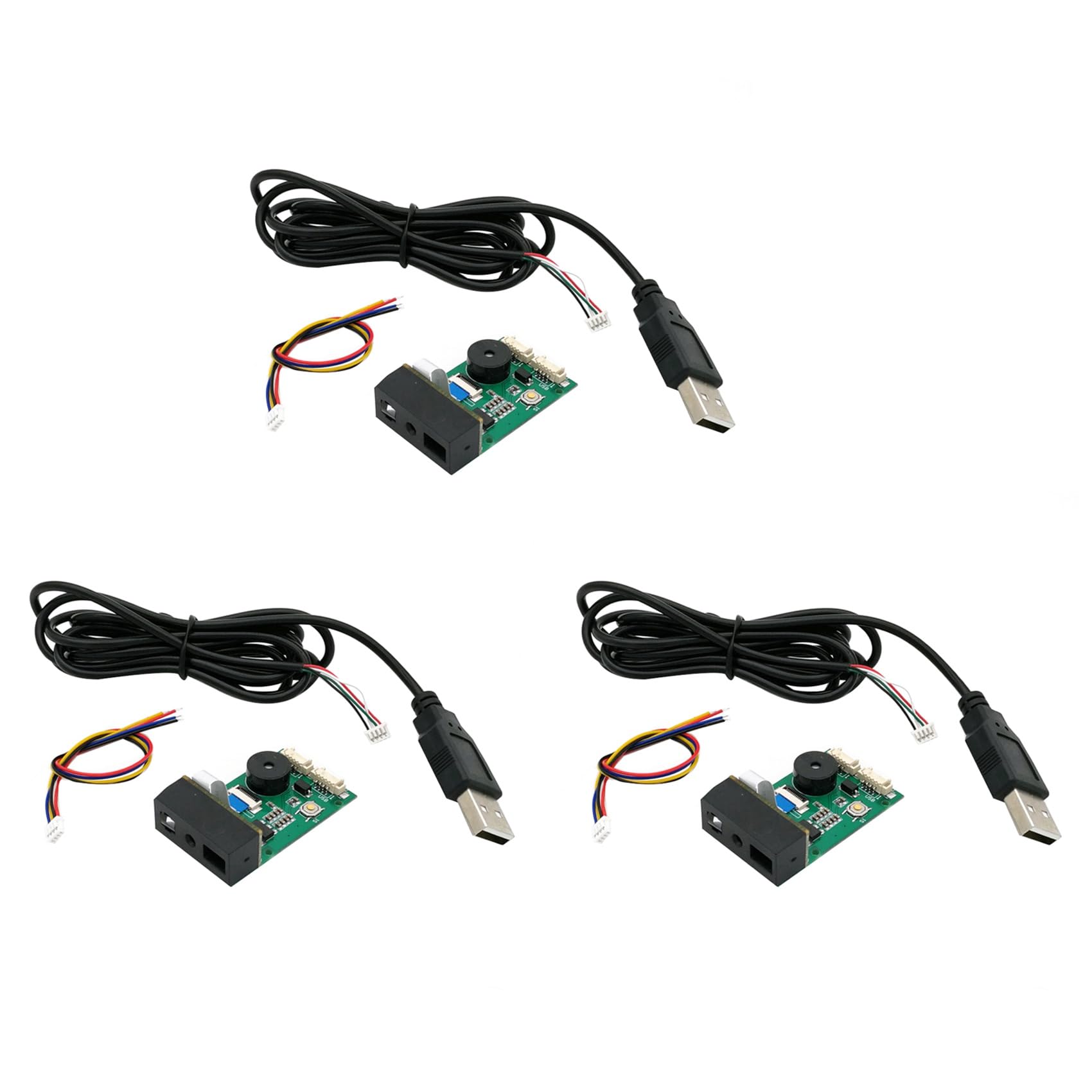 Angled view of the Bloepum GM67 barcode scanner module, showing the scanner head, circuit board, and buzzer.