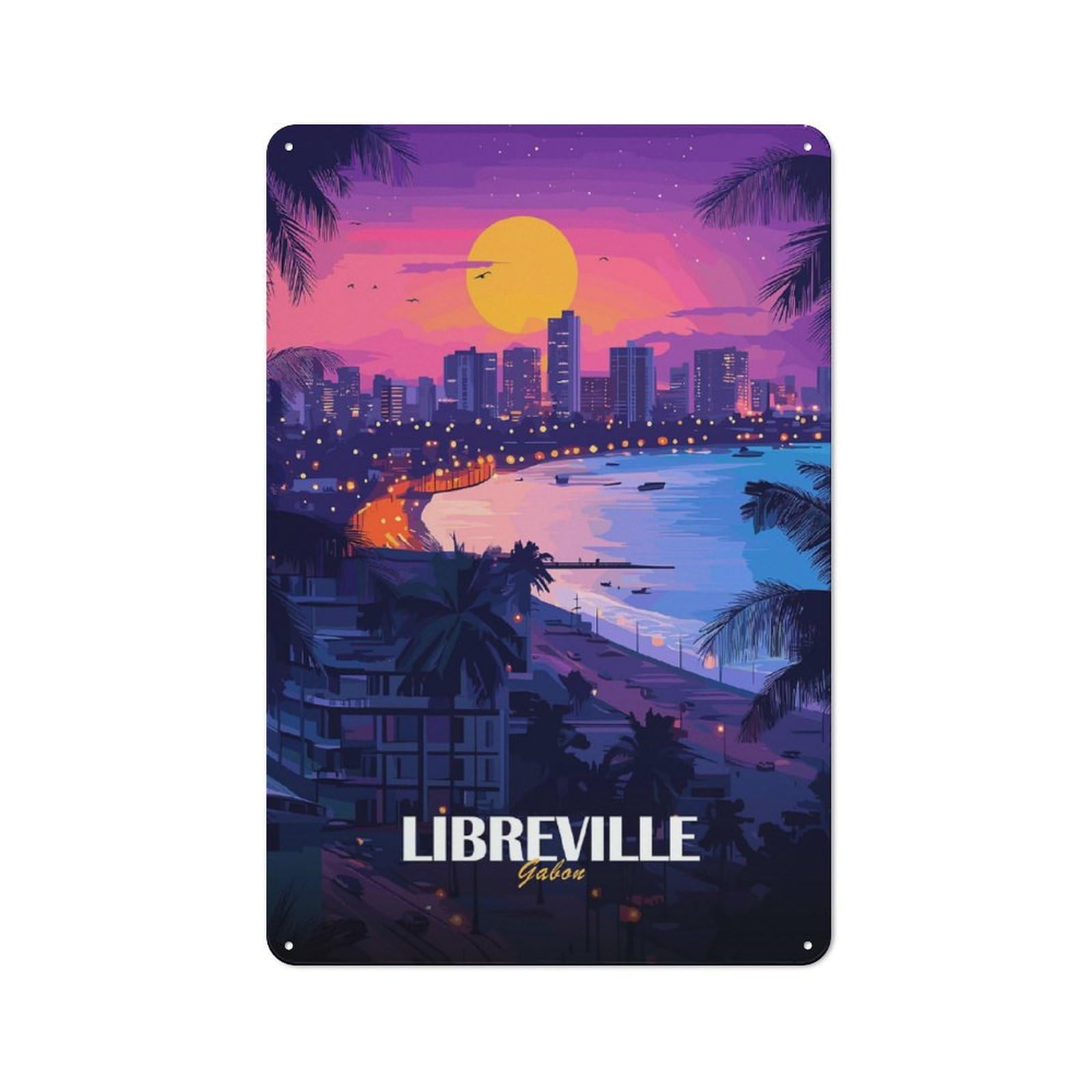 Junmoney Style-14 Libreville Gabon Cityscape At Sunset Rustic Printed Metal Sign 30X20cm For Bar Or Restaurant, For Bar Decor Enthusiasts