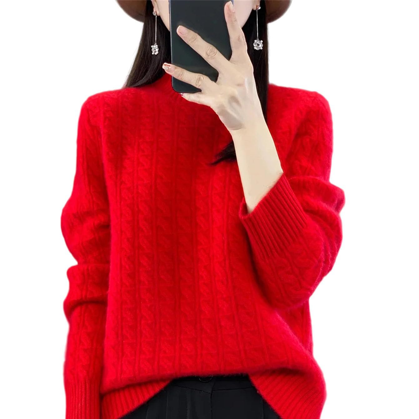 Maglione invernale da donna in lana, spesso, caldo, con collo a lupetto intrecciato