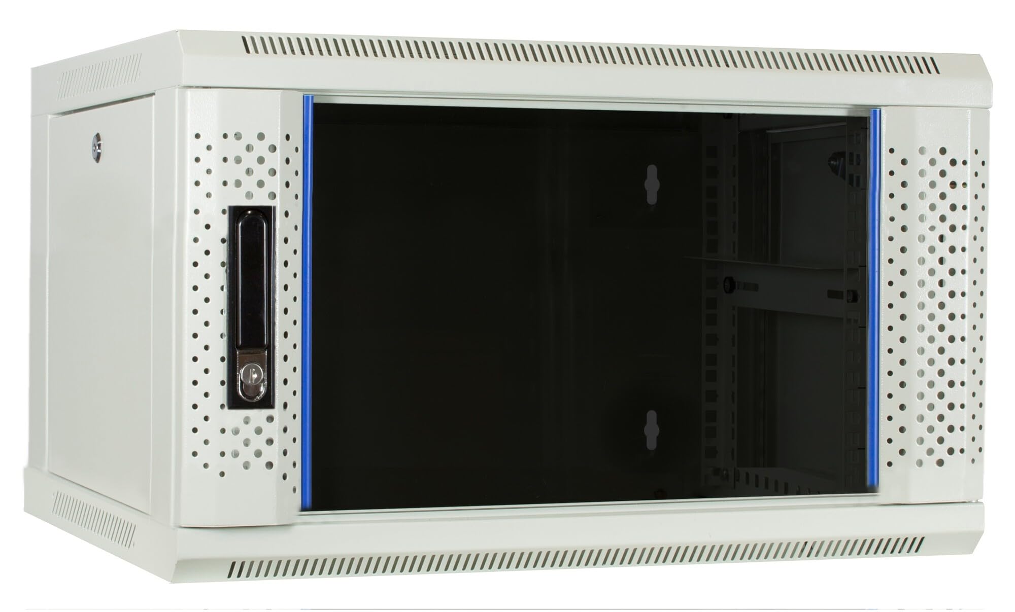 19 Zoll Set: Weißer 6HE Netzwerkschrank zur Wandmontage – Fachboden – Steckdosenleiste SPD 8-Fach – Kabelbügel – Cat6 UTP-Patchpanel