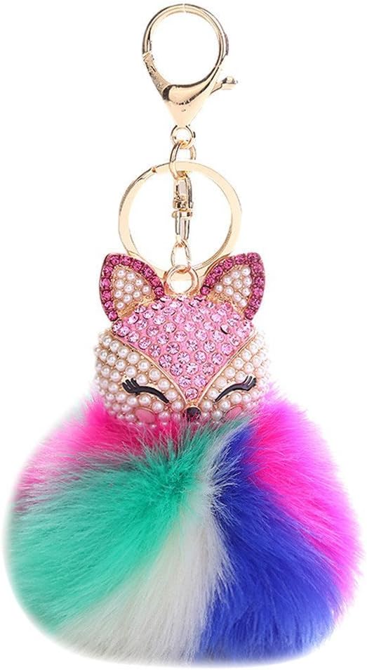HXINFUReal Rabbit Fur Pom Pom Ball Keychain Fox Head Fluffy Ball Keychain