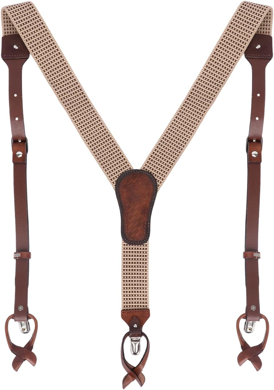 Tourbon Leather Suspenders for Men Y Back Shape Elastic Webbing Adjustable Brown Wedding Groomsmen with Interchangeable Clips