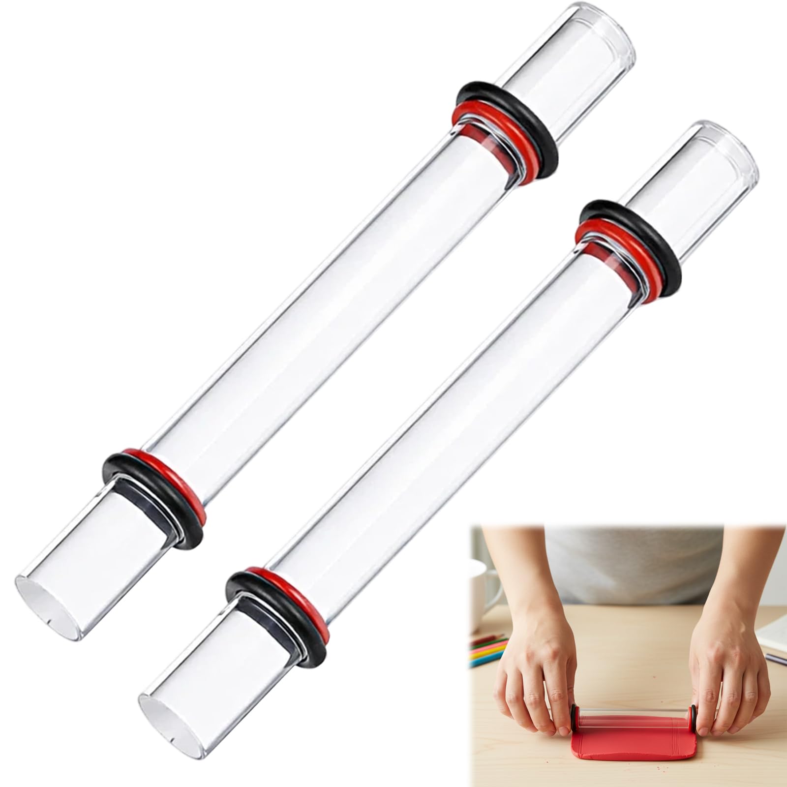 2 Pcs Acrylic Polymer Clay Roller with 4 Thickness Rings, Transparent Polymer Clay Tools Kit