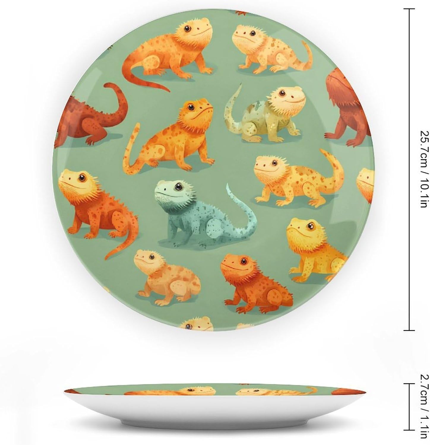 Cute Bearded Dragons Printed Decorative Plate with Display Stand Handmade Ceramic Ornament Hanging Wall Decor for Foyer Home Office