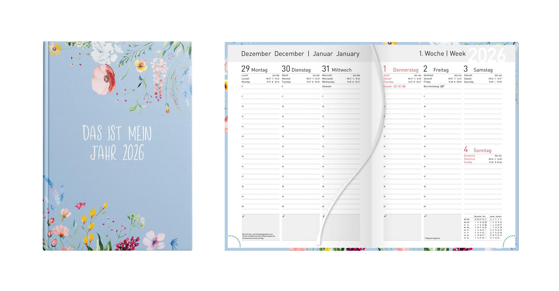 Idena 12040 Pocket Diary DIN A5 2026 "My Year", 1 Week on 2 Pages, Diary with Padded Hardcover Cover, Flower Motif and Bookmark Ribbon