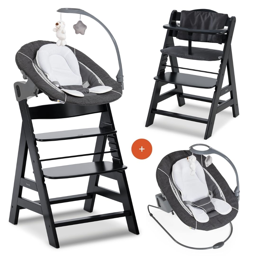 hauck Alpha+ Highchair Newborn Set Deluxe Bouncer – Adjustable Wooden Highchair from Birth incl. Newborn Attachment and Seat Cushion – Black