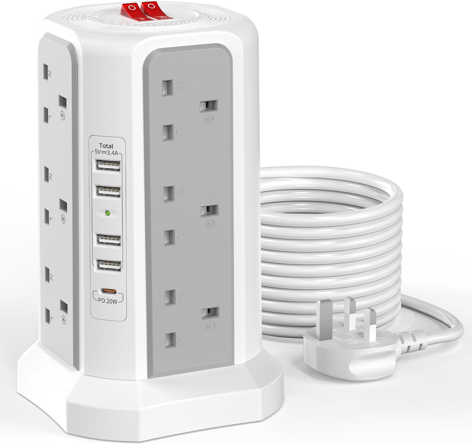 Tower Extension Lead 5M with USB Slots and PD 20W USB C Fast Charger, (13A 3250W) 12 Way Surge Protected Extension Tower 5 USB Ports, Extension Cable for Home, Office, Grey and White