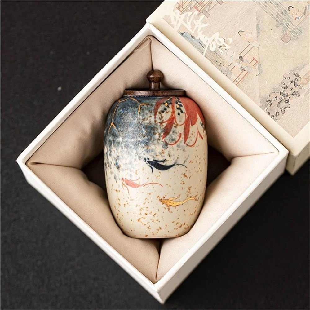 SONGCHAO Sugar Jar Ceramic Bulk Tea Storage Jars Hand-Painted Lotus Portable Small Sealed Home Kitchen Tea Canister
