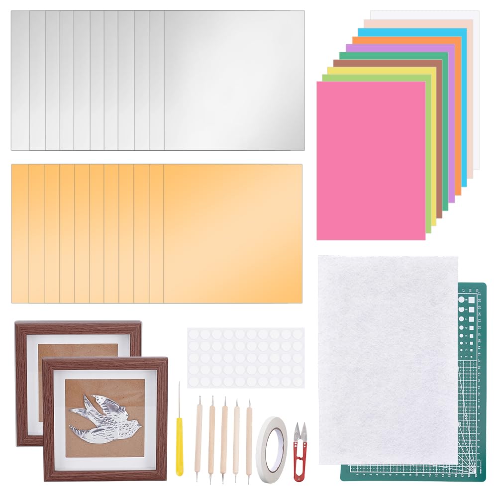 OLYCRAFT 30Pcs Foil Paper Art Craft Kit 15x15cm Metal Embossing Foil Sheets Tin Aluminum Art Paper Kit with Coffee Photo Frames Embossing Tools Drawing Pad for Crafts Decorative DIY Handmade