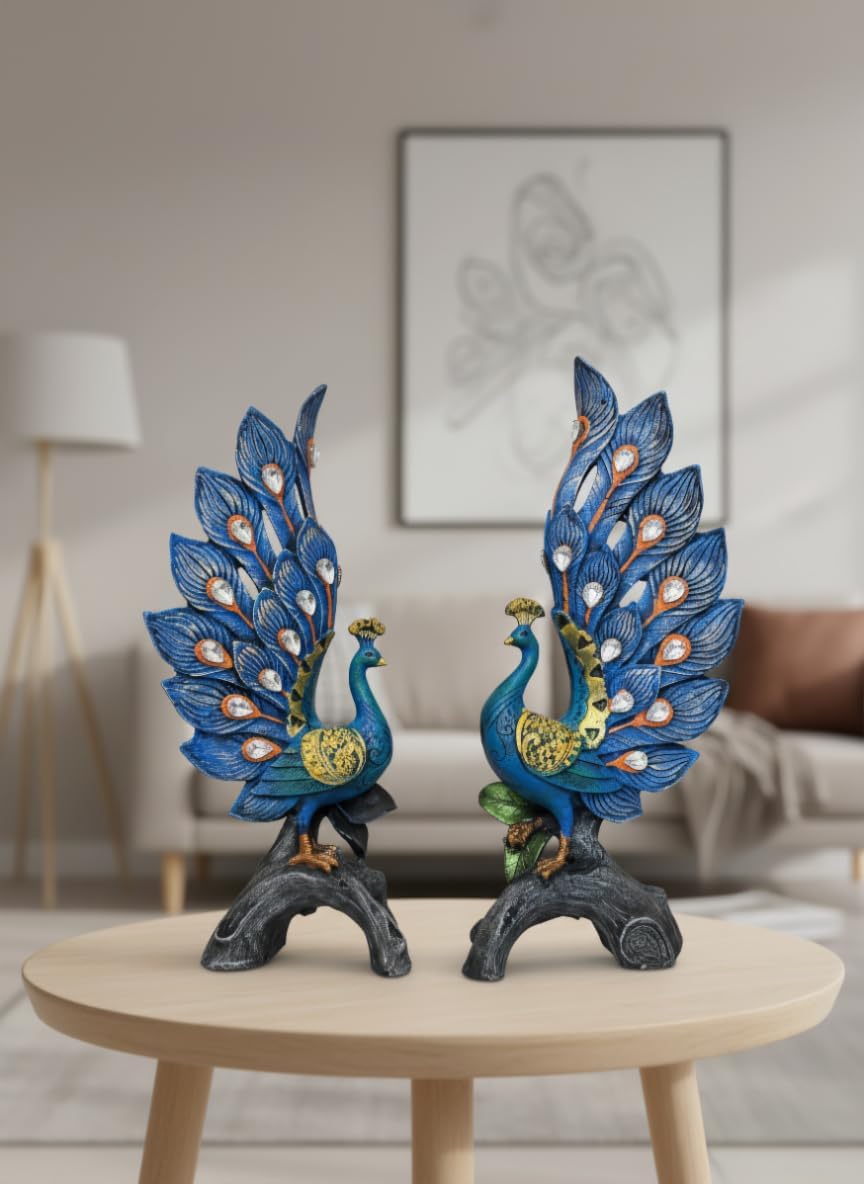 NaturaLux Decorative Peacock Pair Showpiece for Home Décor - Blue, Pack of 2 | Handcrafted Resin Figurines for Living Room, Bedroom, Office & Gifting | Elegant Blue & Green Peacock Statue Set