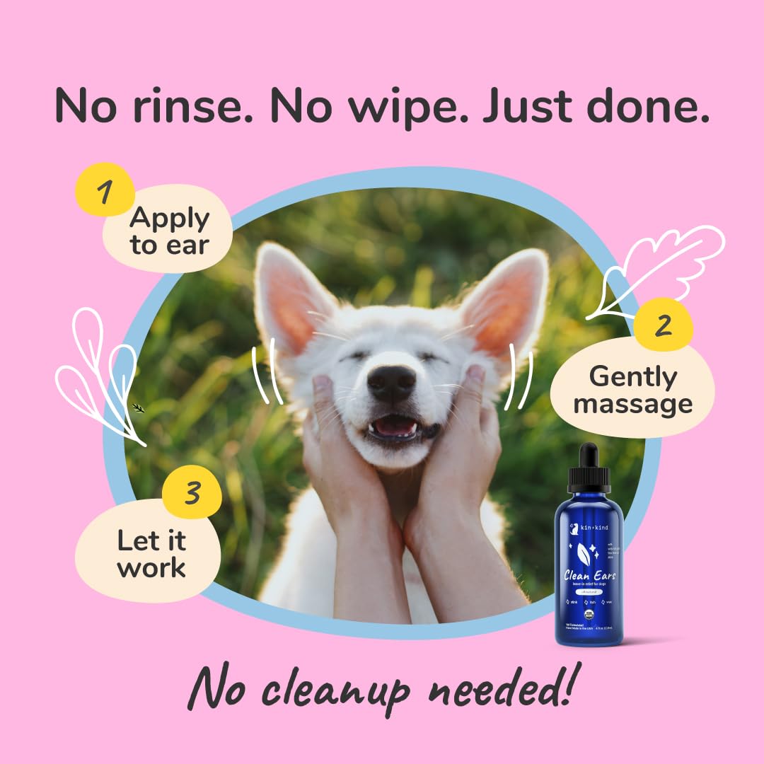 kin+kind Nettoyant oreilles bio pour chiens (118,3 ml) – Élimine l'accumulation de cire, les odeurs et les irritations des démangeaisons – Hamaméli, huile d'arbre à thé et aloe vera pour un toilettage sûr et naturel des animaux domestiques – Fabriqué aux