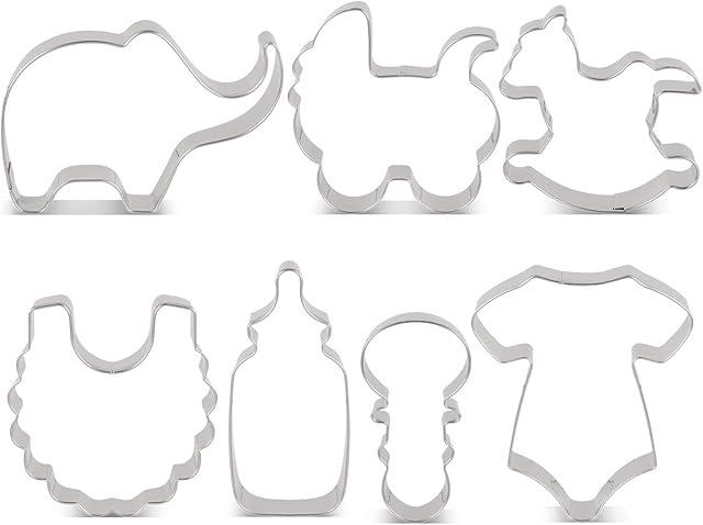 KENIAO Baby Shower Cookie Cutters Set - 7 PCS - Onesies, Bib, Rattle, Feeding Bottle, Baby Carriage, Rocking Horse and Elephant - Stainless Steel