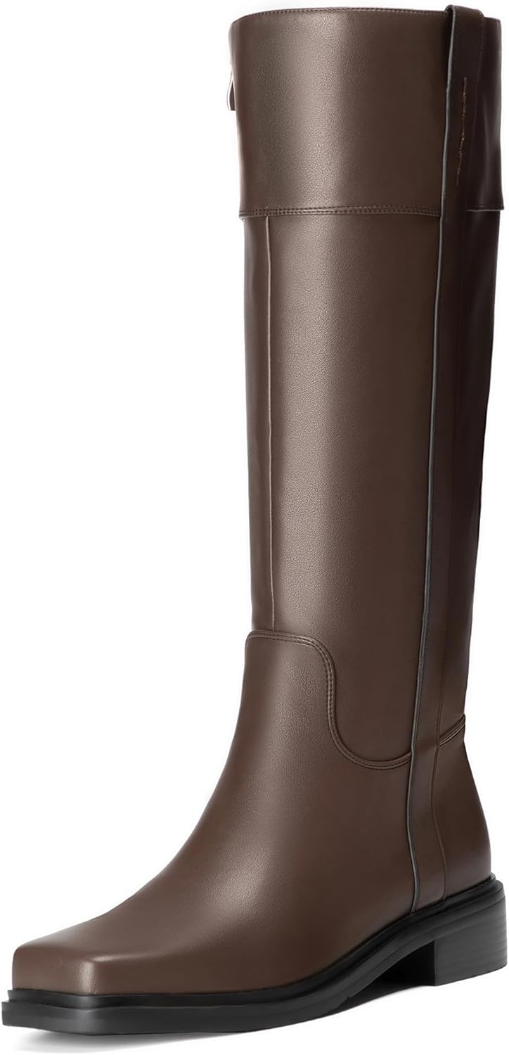 vivianly Women's Knee High Boots Zipper Square Toe Trendy Low Chunky Heels Boots