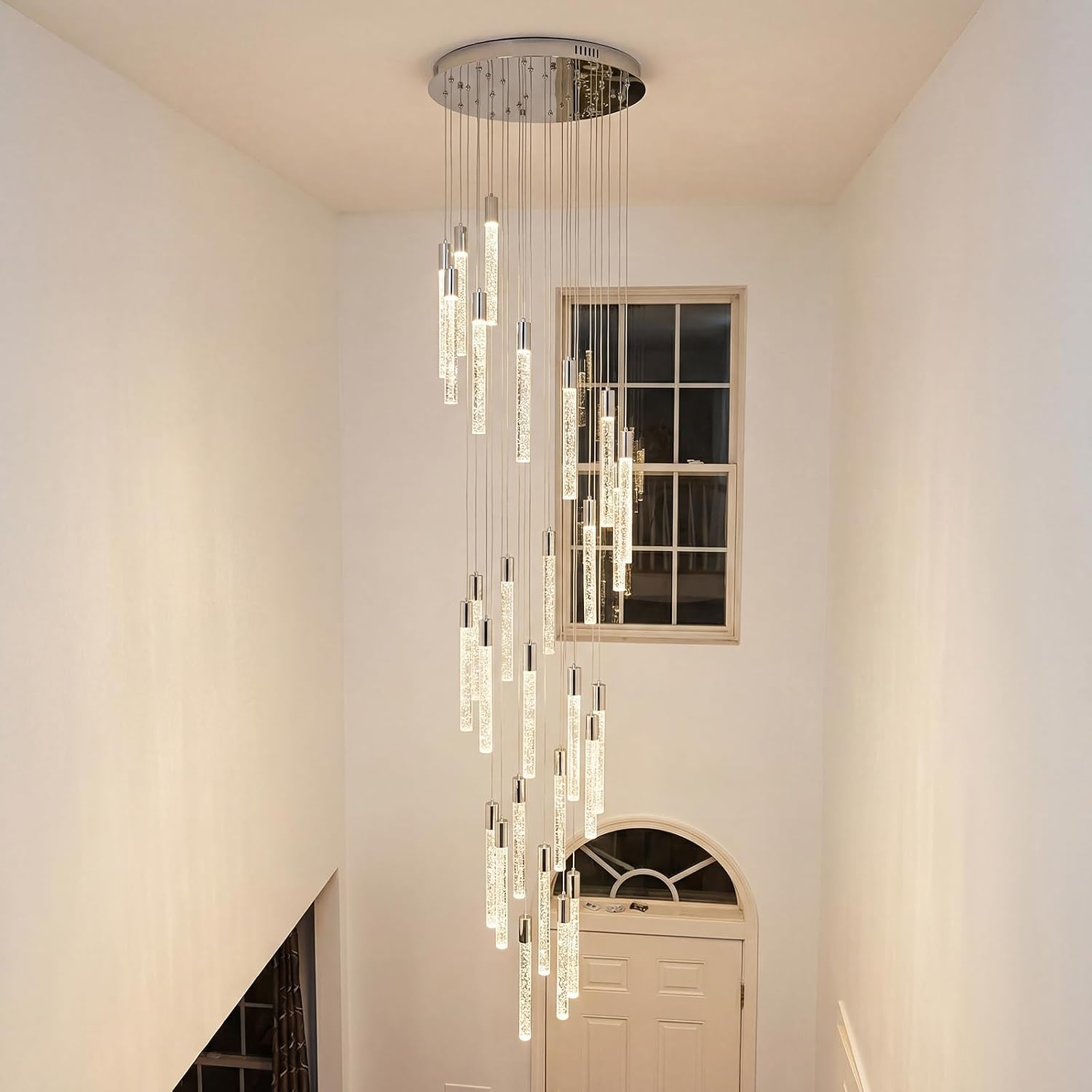 28 Lights 178 inch Modern Crystal Chandelier for High Ceiling Foyer Entryway Living Room, Flush Mount Ceiling Light Fixture Adjustable Height LED Dimmable Chandeliers Chrome Finish