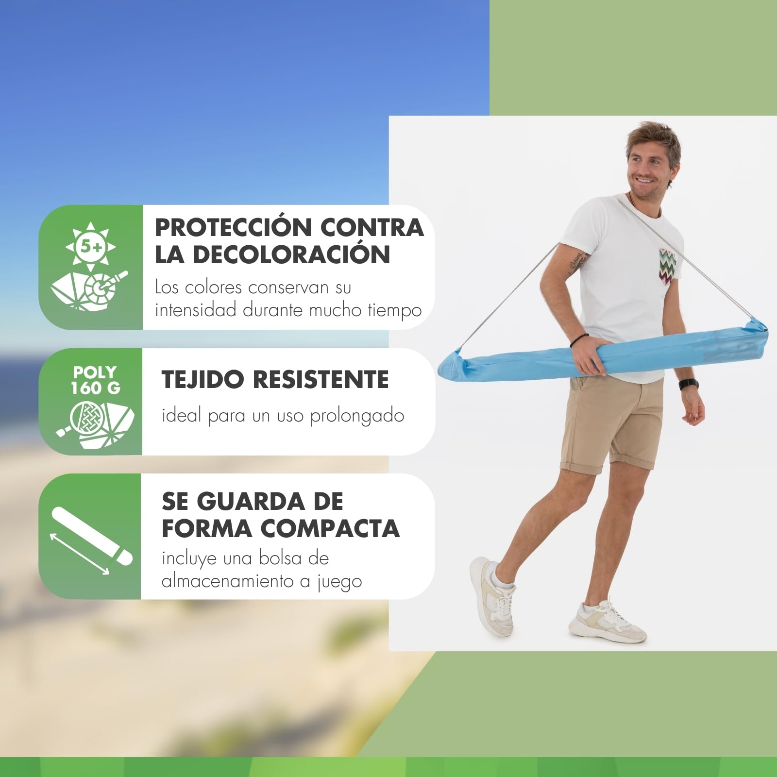 derby Sombrilla de 200 cm, sombrilla para playa, balcón y terraza, altura regulable, con protección UV, parasol plegable, para playa y piscina al aire libre