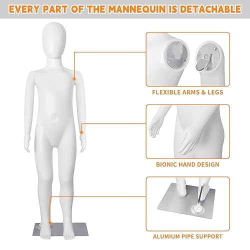 Miniatura 3 de SHAREWIN Maniquí para niños, cuerpo completo, ajustable, sin rostro, maniquí, torso, forma realista, ajustable, desmontable, con base de metal, 43.3