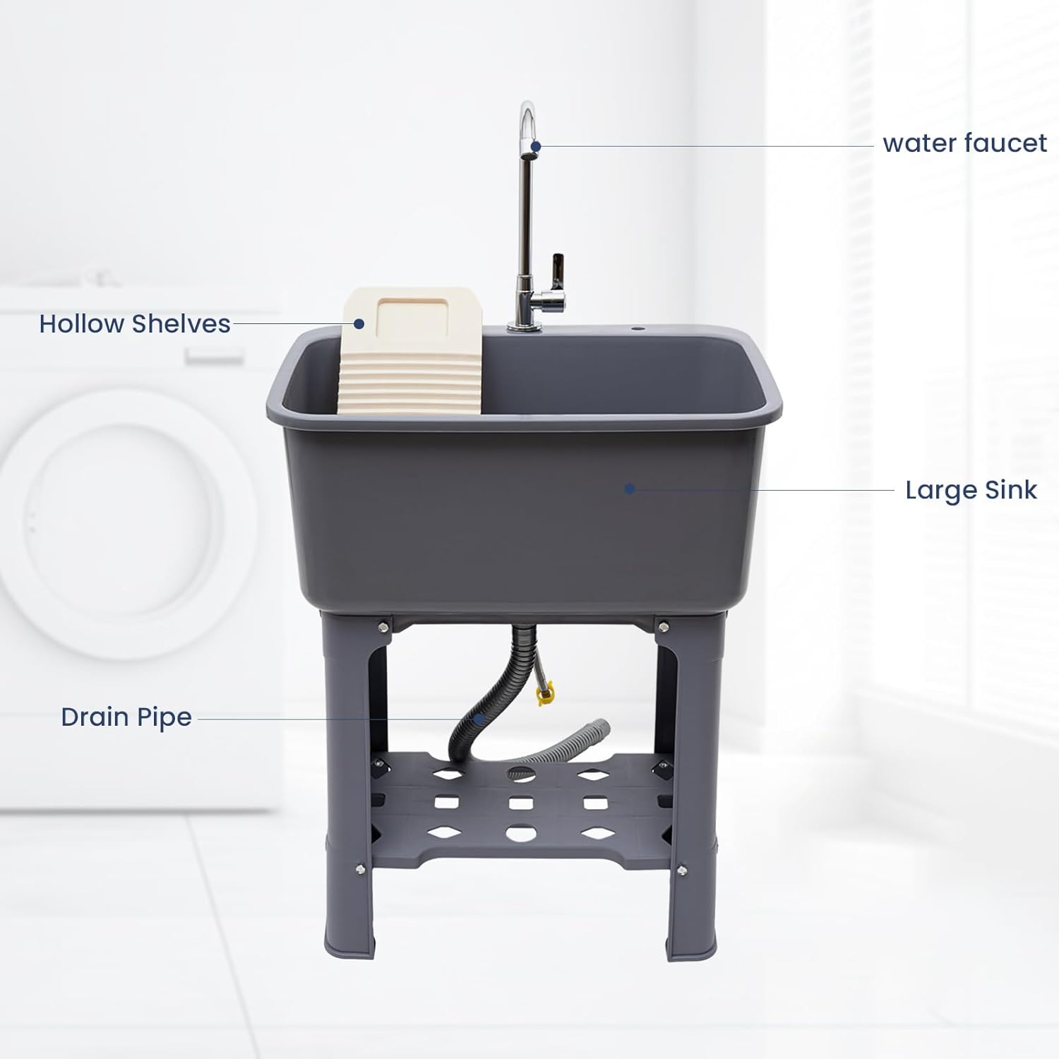 Freestanding Utility Sink with Faucet, 48L Large Laundry Sink for Basement & Garage, 23.62 * 15.75 * 30.12in Heavy-Duty 110LB Capacity, Easy Install Deep Single Basin with Washboard