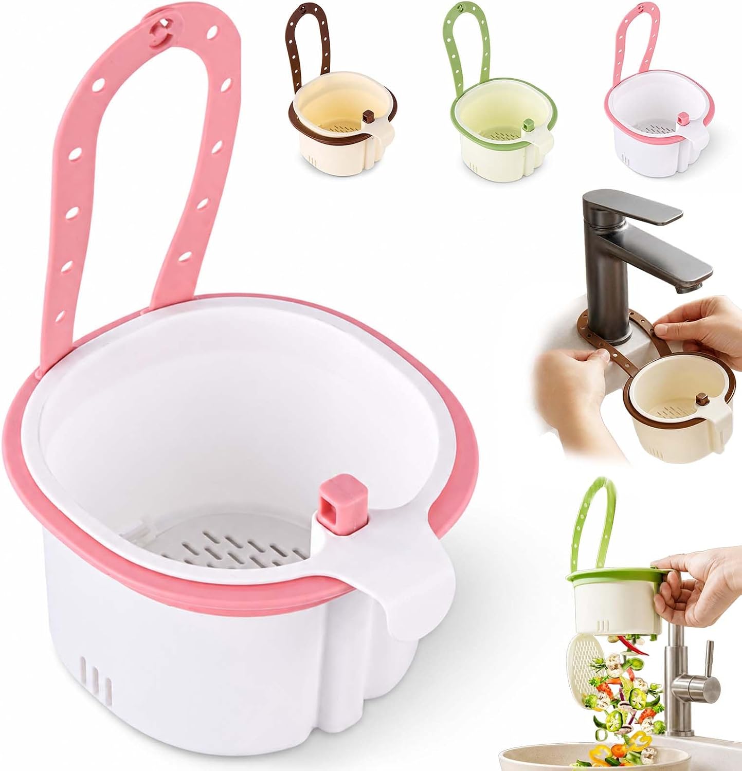 Multifunctional Hanging Sink Drain Basket for Kitchen, Hanging Sink Strainer Basket with Self-Cleaning Dump Design for Food Scraps, Fruit Rinsing, Sponge Storage & Kitchen Use (Pink)
