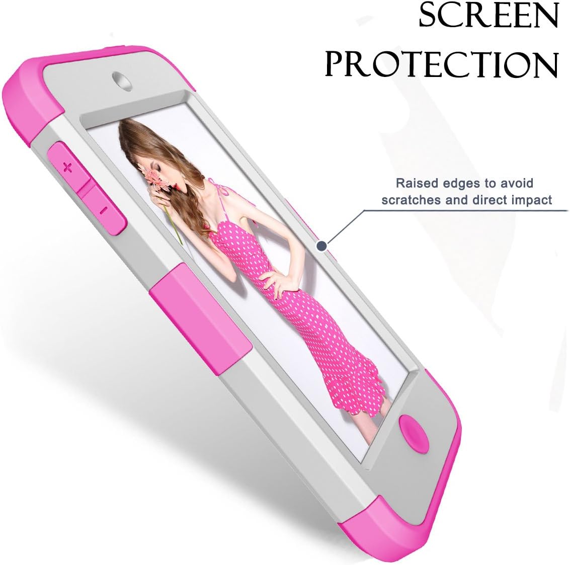 Hocase iPod Touch 7th/6th/5th Generation Case, Shockproof Heavy Duty Silicone Rubber+Hard Plastic Glitter Protective Case for iPod Model A2178, A1574, A1509, A1421 - White/Deep Pink