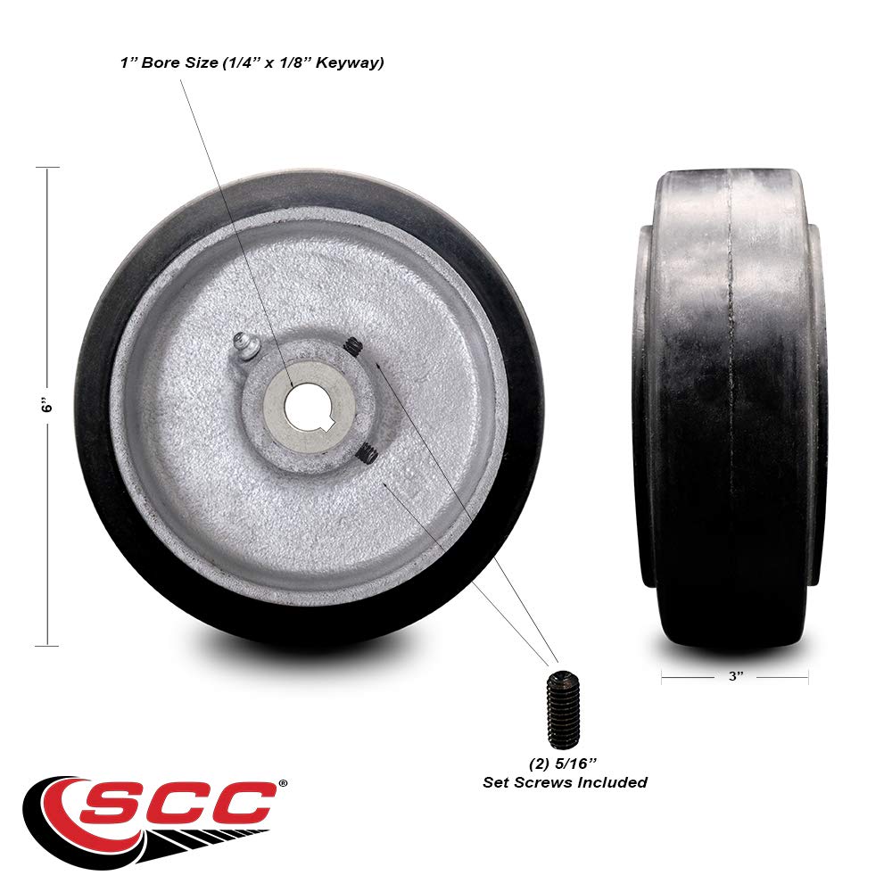 6" x 3" Rubber Tread on Cast Iron Keyed Drive Wheel - 1" Plain Bore with two 5/16" Set Screws - Service Caster Brand