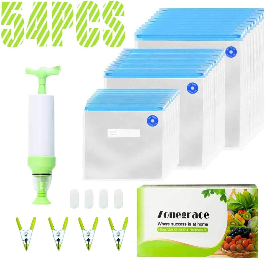 Zonegrace Sous Vide Bags 45 Reusable Vacuum Food Storage Bags for Anova and Joule Cookers - 3 sizes Sous Vide Bag Kit with Pump - 4 Sealing Clips for Food Storage and Sous Vide Cooking