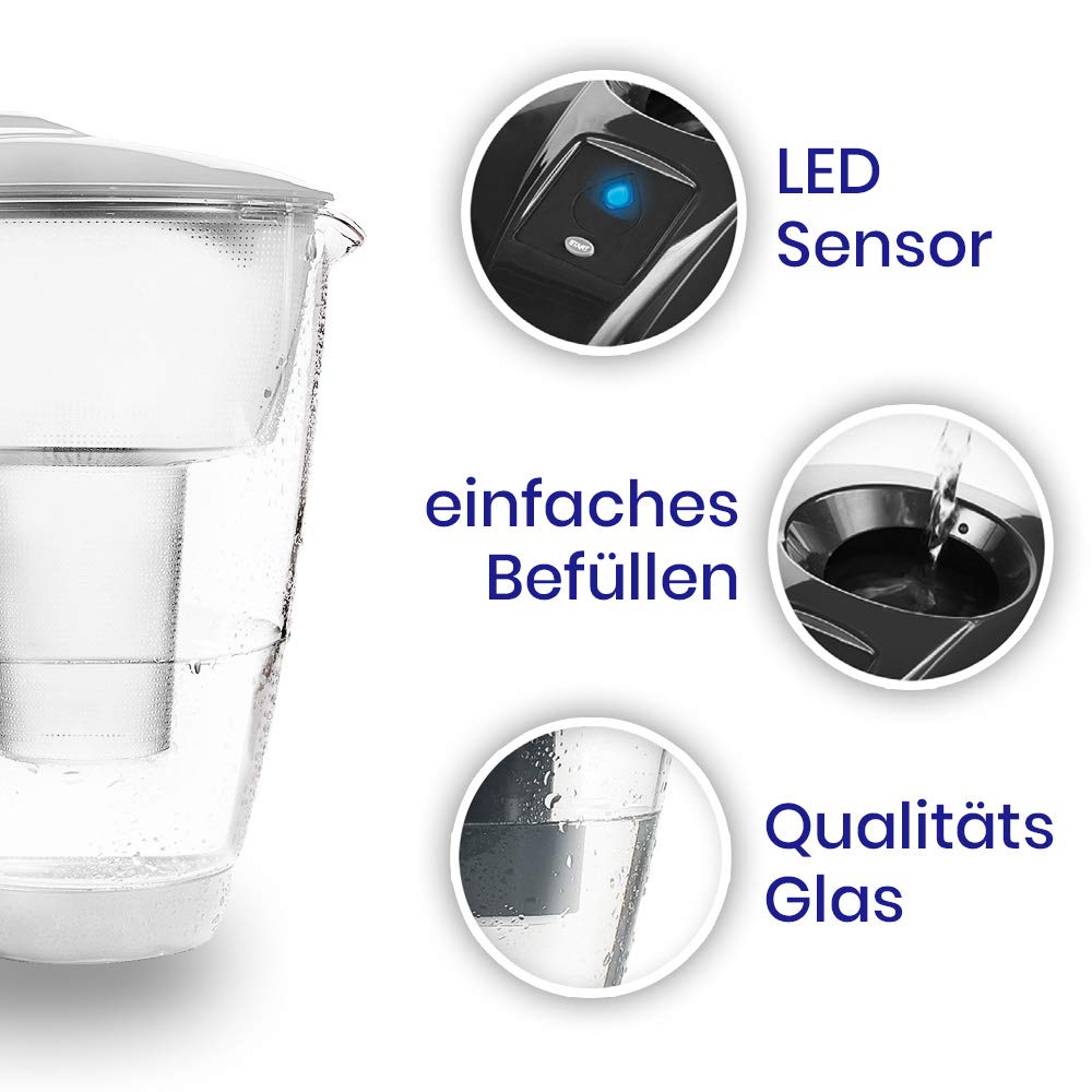 perlopur® Glas-Wasserfilter (weiß) +1 Kart. Universal +Glas-Trinkfl. | Borosilikatglas, 2 l gesamt, 1 l gefiltert, LED-Anzeige, für classic Kartuschen, reduziert Kalk, Chlor & andere Schadstoffe