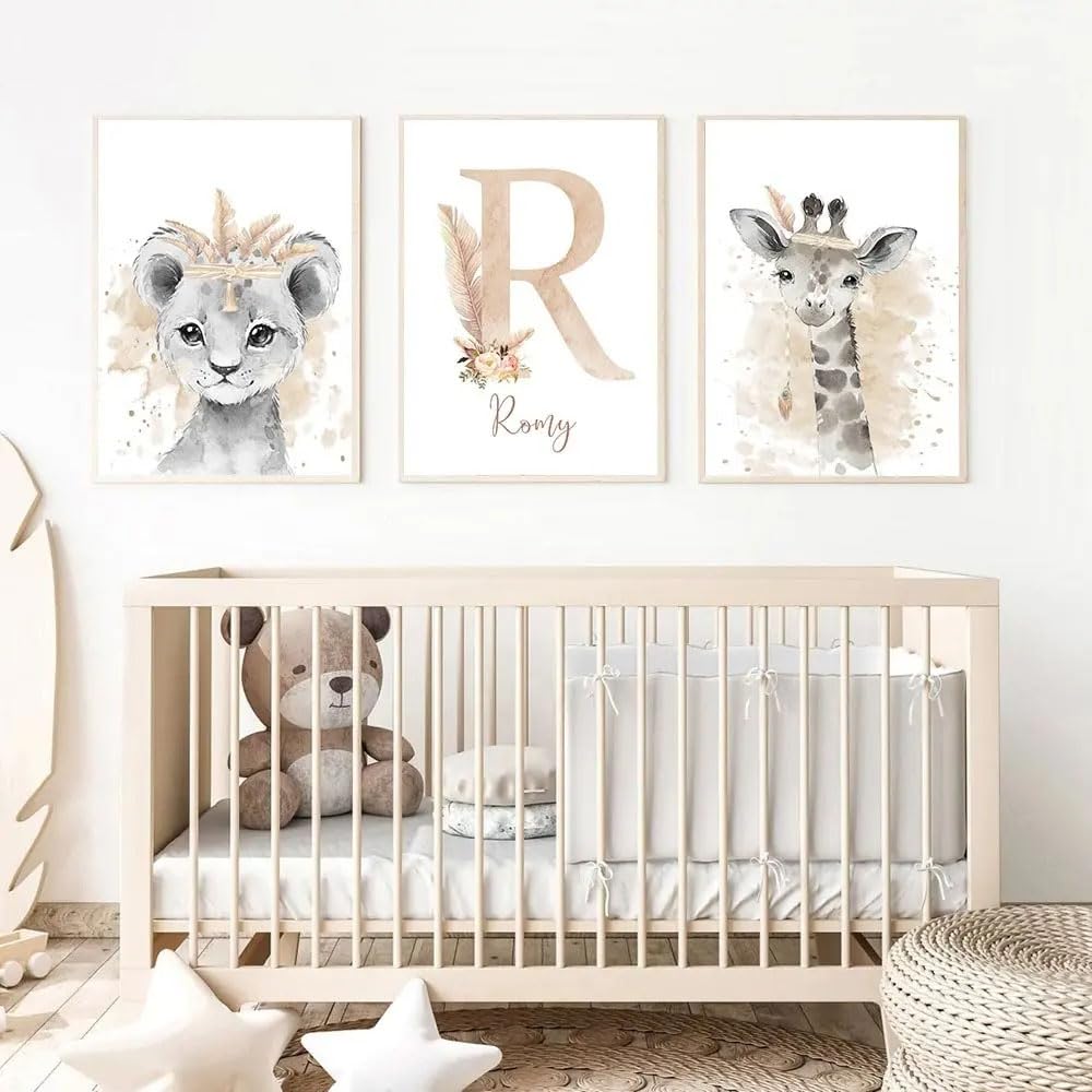 3 Laminas Personalizadas Bebe Cuadros Iniciales Poster Animales Selva León Elefante Jirafa Habitacion Infantil Decoración Pared Habitación Niño Niña Regalo 30x40 cm sin Marco