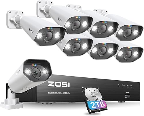 ZOSI Sistema de cámara de seguridad PoE de 8 canales 4K Spotlight, 8 puertos 16 canales 8 MP NVR con disco duro de 2 TB, 8 cámaras IP PoE para