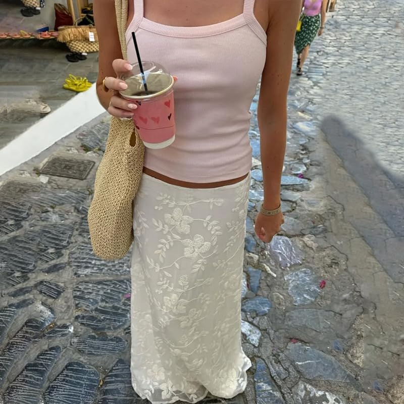 Women Elegant Lace Floral A-Line Mesh Long Skirts Vintage High Waist Casual Y2K Maxi Skirt3