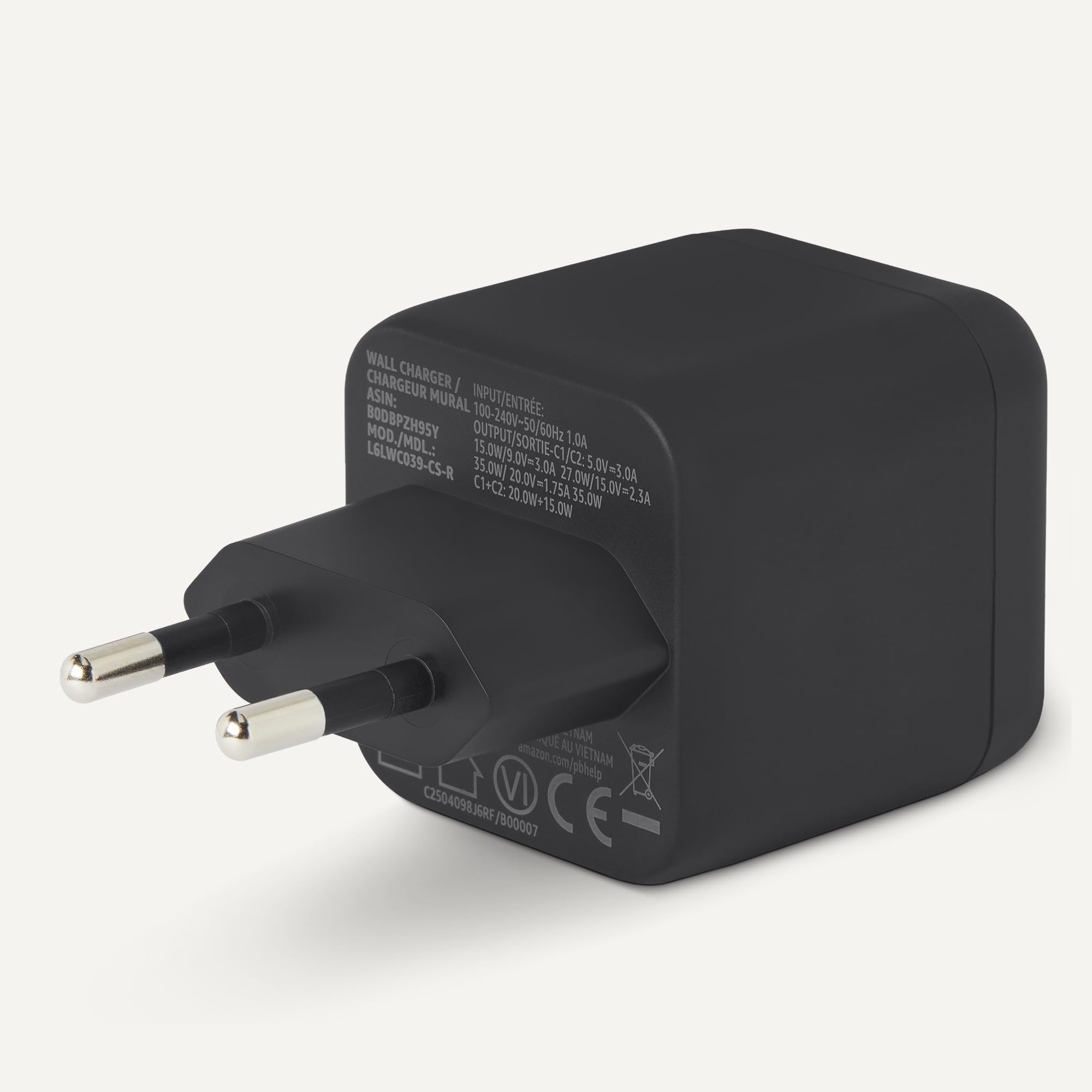 Amazon Basics Caricabatterie da Parete Nano GaN USB-C con Ricarica Rapida, 35W a 2 Porte per Tablet e Smartphone, Nero