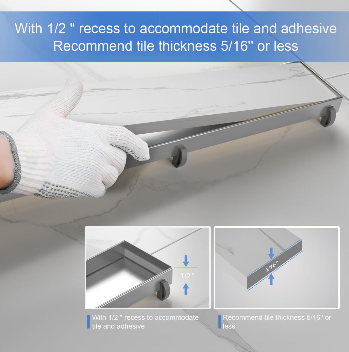 Drenaje lineal de ducha | Desagüe de ducha de acero inoxidable SUS 304 de 12 pulgadas | Drenaje lineal con panel de inserción de azulejos 2 en 1 y pies ajustables | Drenaje de suelo en cocina