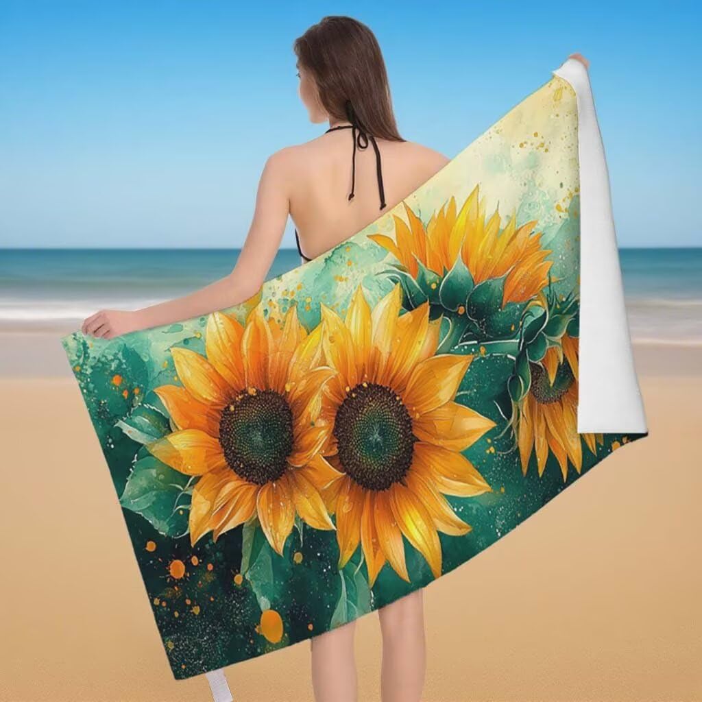 Toalla de Playa Grande 220x100cm/35x70cm, Juego de 2 Toalla Microfibra XXL de Antiarena, Toallas Playa Suave Ligera, Absorbente Secado Rápido, Beach Towel Viaje, Regalo Mujer Hombre (Girasol) J-61
