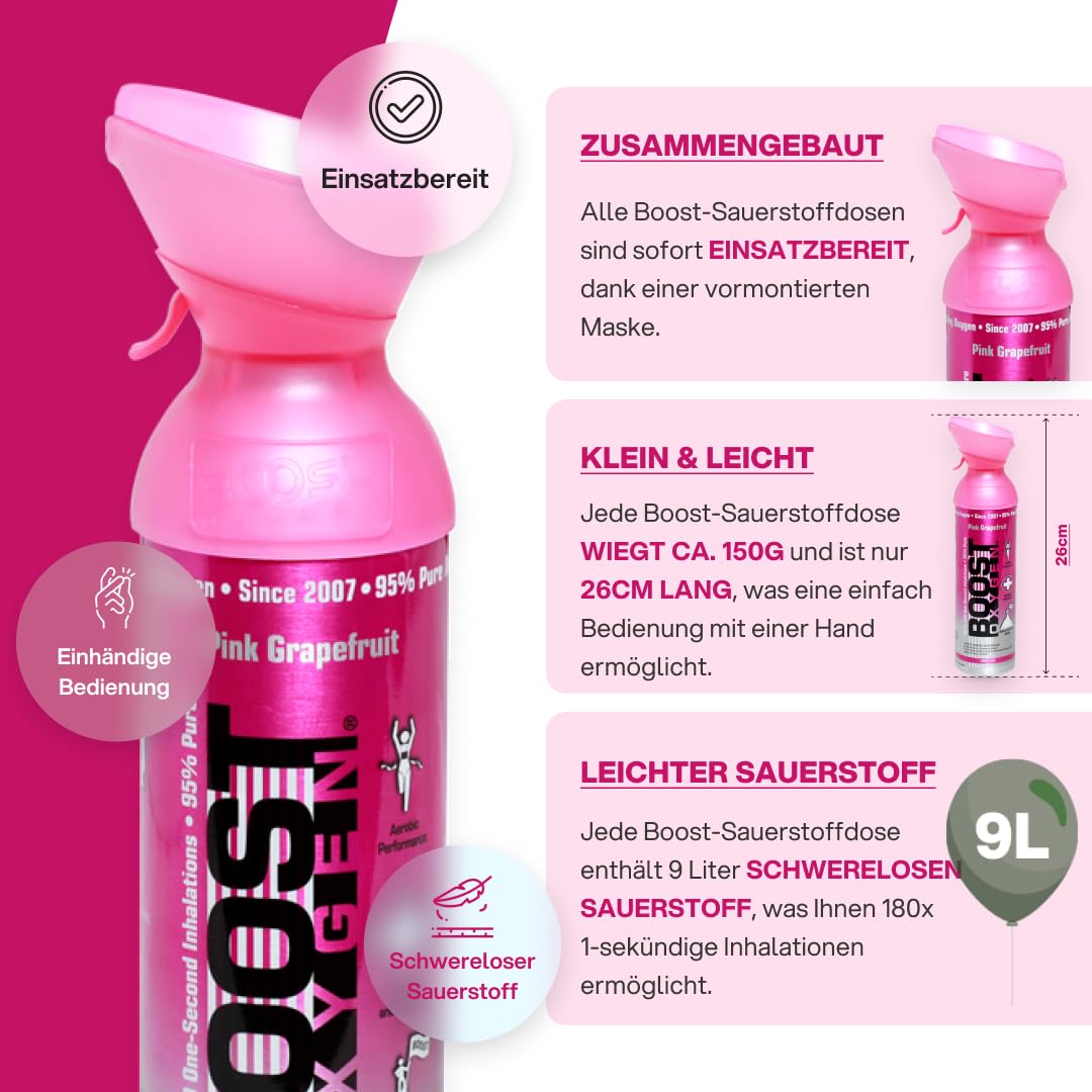 Boost Oxygen Sauerstofflasche für Unterwegs mit 95% Sauerstoff - 54L, 6x9L Sauerstoffdose mit Sauerstoffmaske für mehr als 900 Inhalationen- mobiler Sauerstoff Inhalator (Rosa Grapefruit Geschmack)