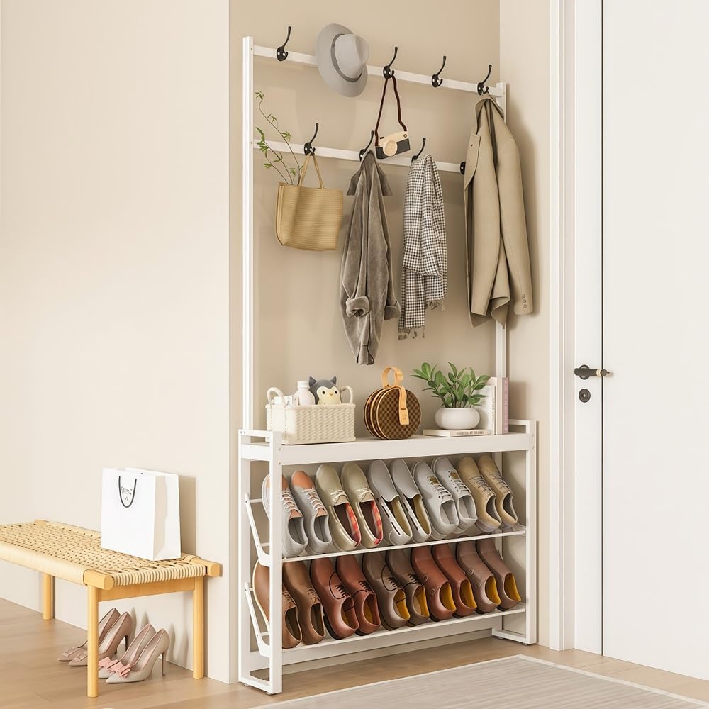 Hall Tree with Shoe Rack and Hooks, Freestanding Hallway Coat Rack with 3-Tier Storage Shelves, Metal Frame Entryway Organizer with Bench(White,60)