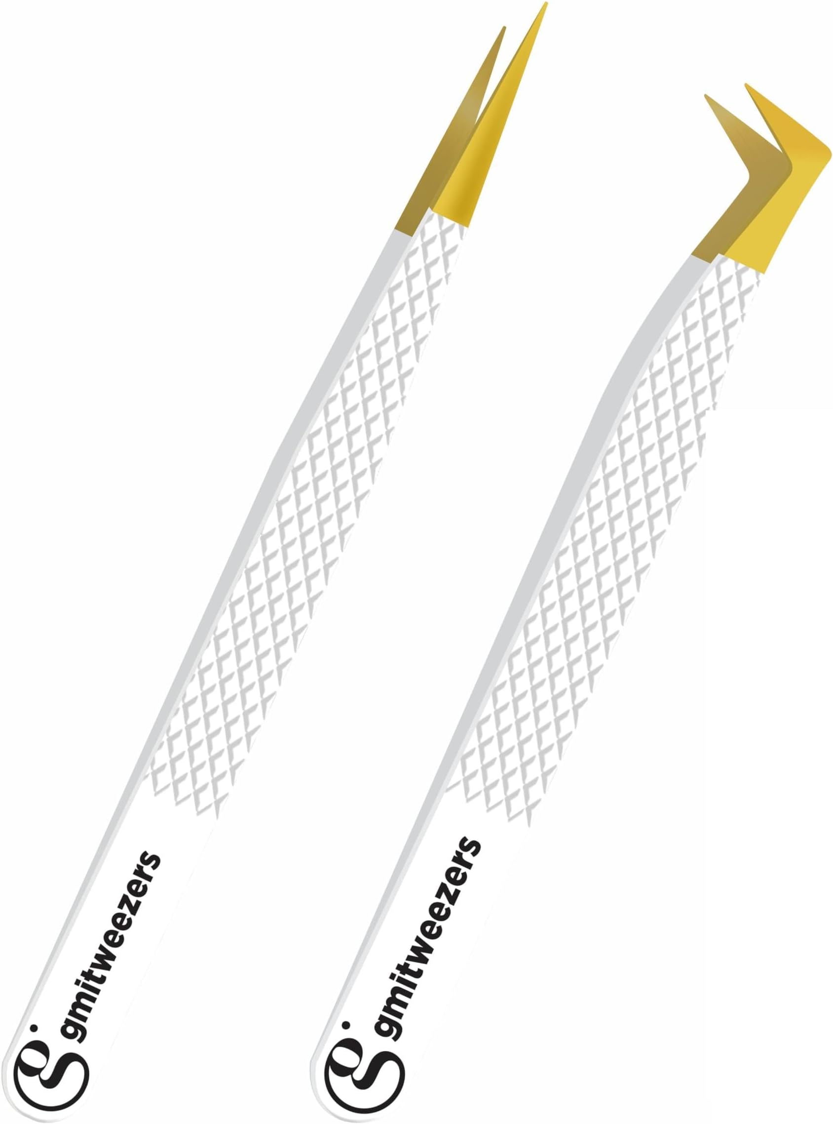 2pcs White Straight and L-Shaped (Boot) Gold Pointed Eyelash Tweezers for Lash Extension - Stainless Steel Precision Tweezers for Volume and Classic Lashes - False Eyelash Extension Kit.