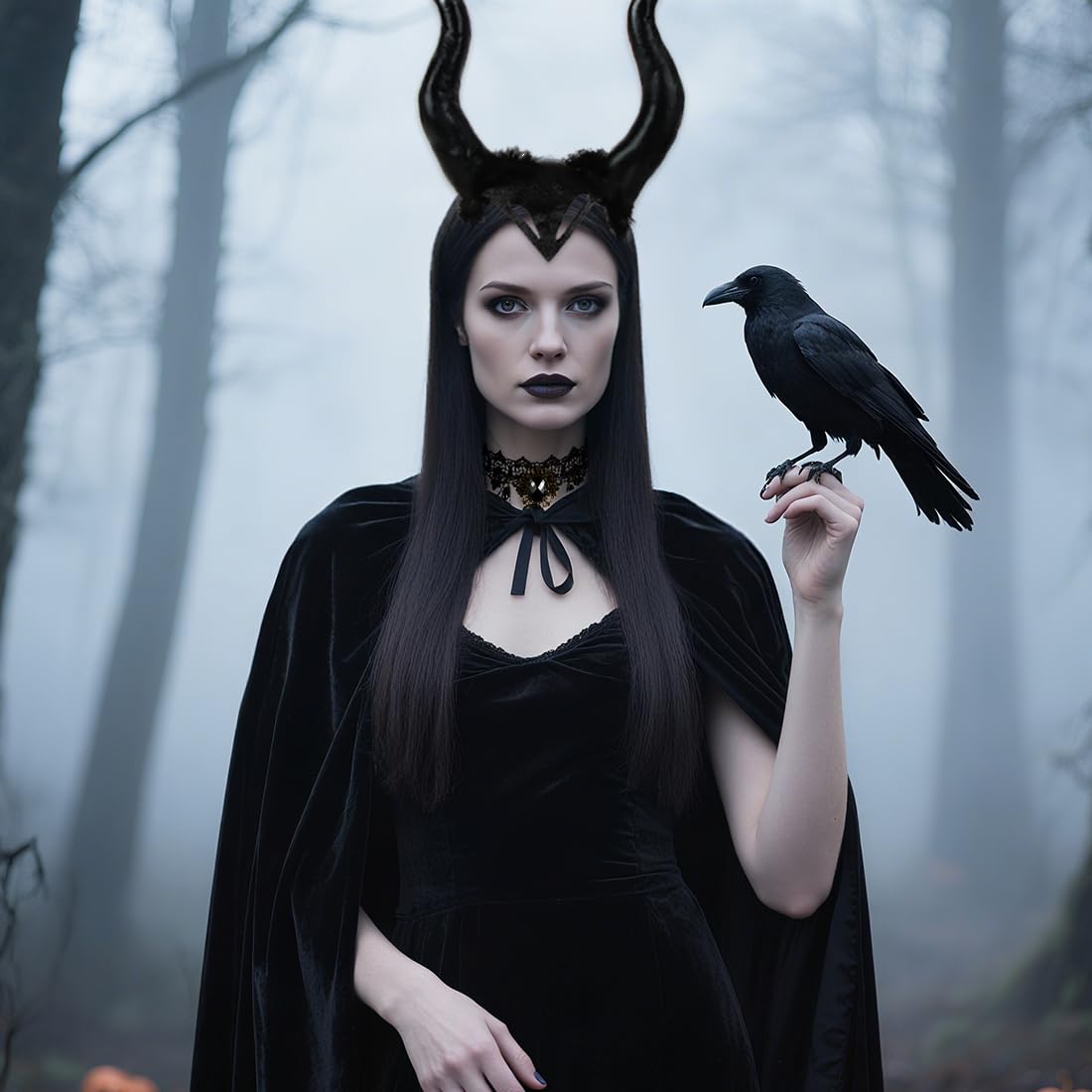 Cadimus Costume de Diable pour Femme,Costume d'halloween pour Femme avec Coiffe de Cornes de Reine,Collier en Dentelle Gothique,Cape d'halloween Noire pour fêtes d'halloween, fêtes costumées Cosplay