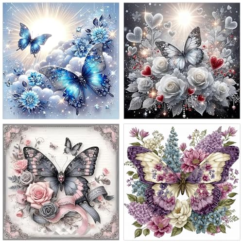 mrpwnle 4 Pack Butterfly Diamond Art Kits for Adults - Butterfly Flowers Diamond Painting Kits for Adults Beginners 5D Round Full Drill Diamond Art Dots Gem Art Kit for Home Wall Decor 12x12in