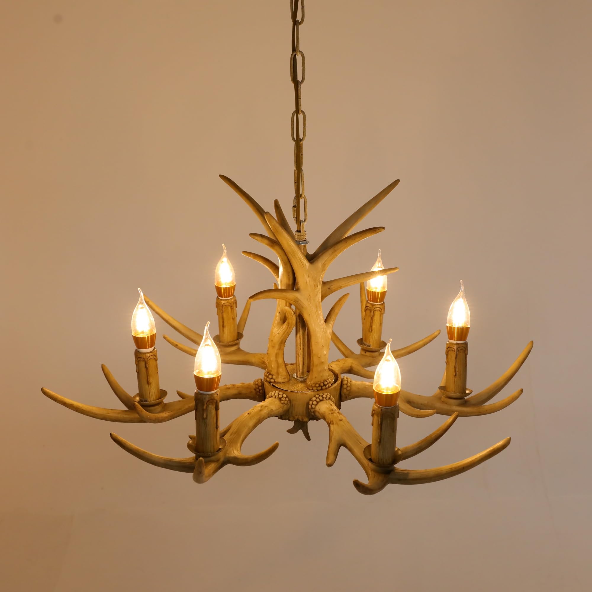 Charocean Brown Antler Chandelier, Faux Antler Ceiling Light With 6 Spiral Lamp Holder Of E14, Vintage Chandelier Indoor Chandeliers, Rustic Hanging Lights For Dining Room, Living Room, Bar, Cafe