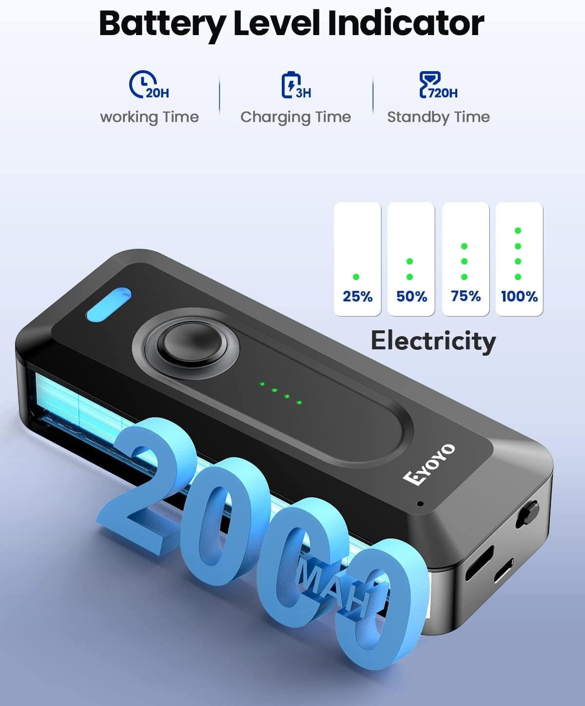 Eyoyo 2D QR Bluetooth escáner de código de Barras inalámbrico con Clip, batería de 2000mAh con indicador de Nivel, Lector de código de Barras Mini portátil para el inventario de Libros