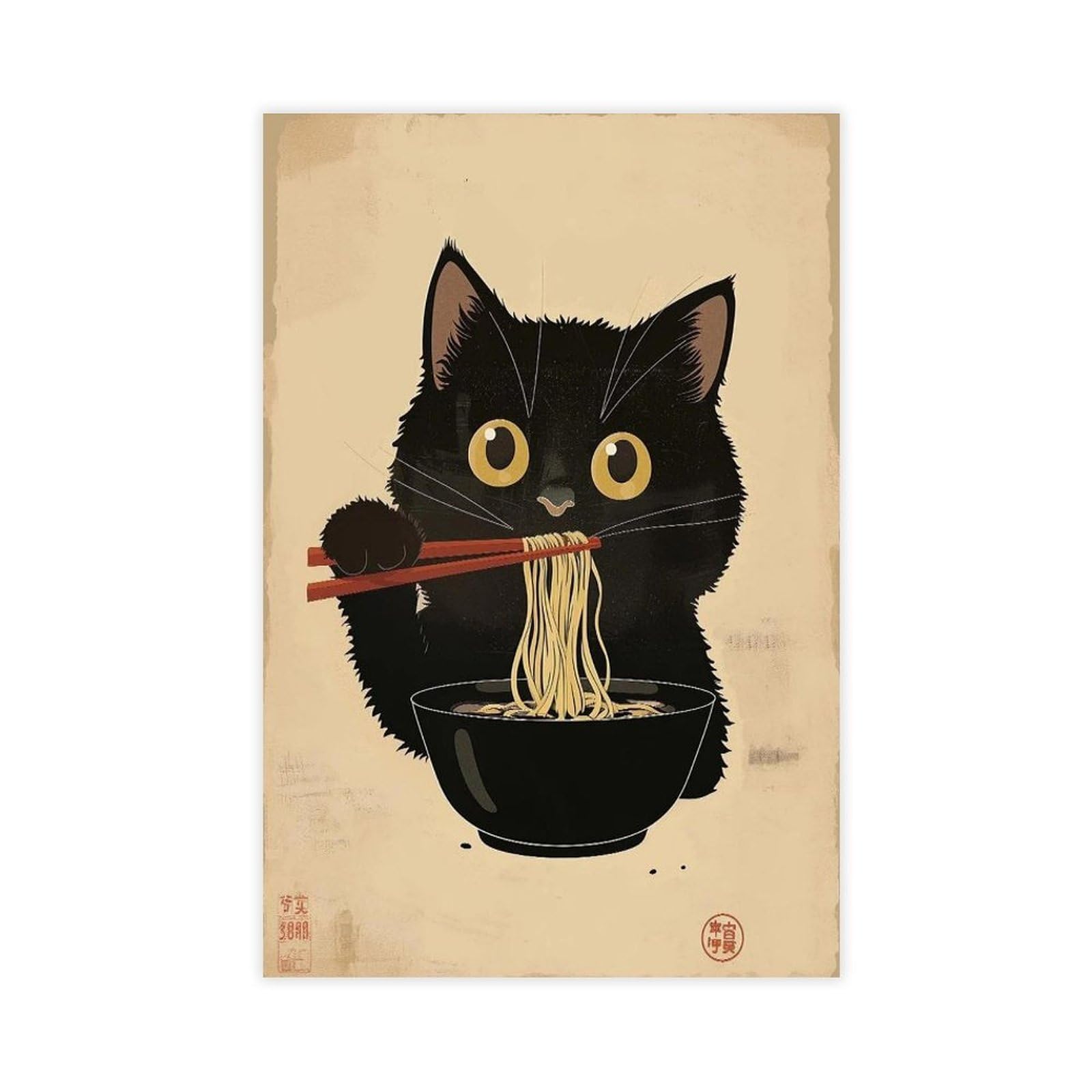 WLQZFRWV Noodle Black Cat Poster, Ramen Noodles Art Canvas Poster Bedroom Decor Landscape Office Room Decor Gift 08x12inch(20x30cm)