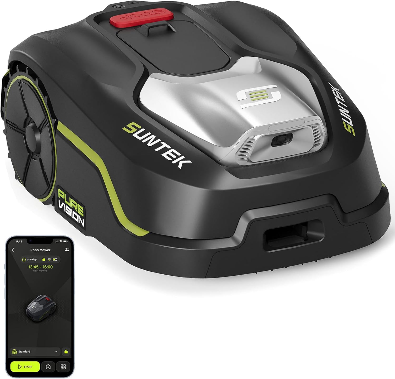 SUNTEK Robot cortacésped inalámbrico periférico – Robot recortadora IA + visión para 250 m², tecnología IA cámara, pendiente hasta 35°, estanqueidad IPX5, cartografía automática, multizonas, control