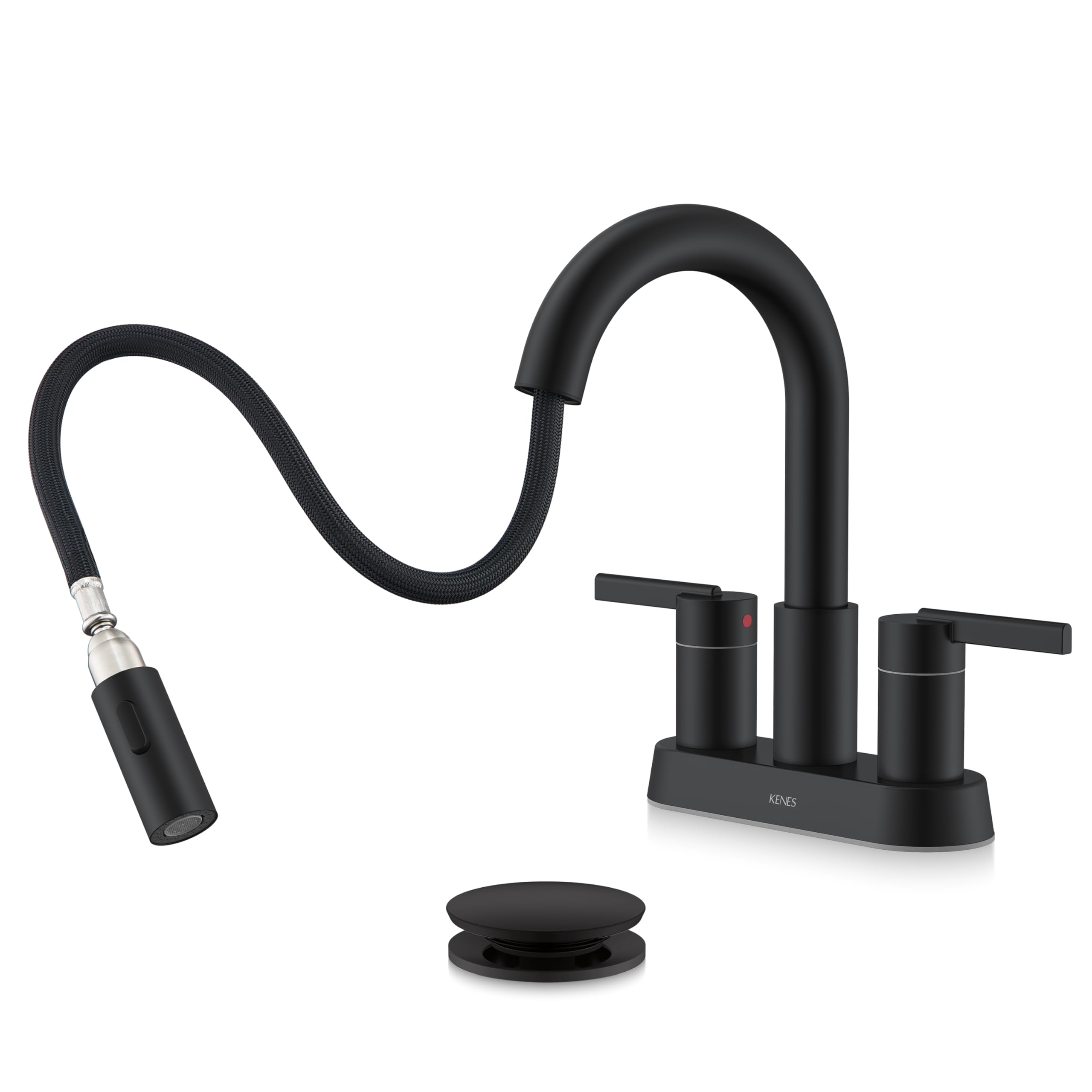 Photo 1 of KENES Matte Black Centerset Bathroom Faucet with Pull Out Sprayer, 4 Inch 2 Handle Pull Down Bathroom Faucet 3 Hole, Bathroom Sink Faucet with Pop Up Drain & Supply Lines LJ-9069-2